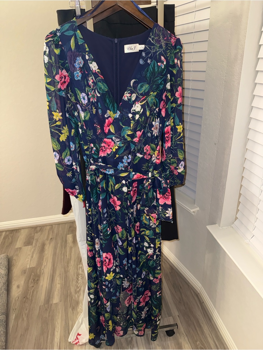 Eliza J Navy Floral Wrap Maxi Dress - Soft V-Neck